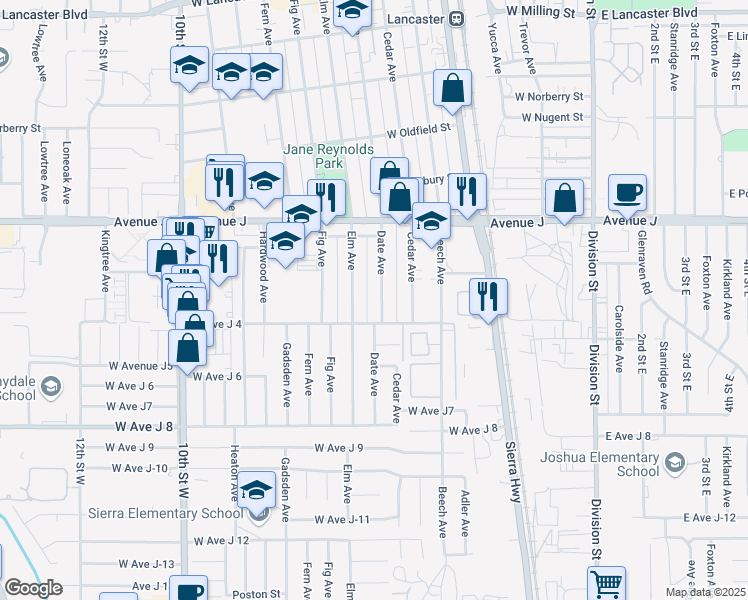 map of restaurants, bars, coffee shops, grocery stores, and more near 44227 Date Avenue in Lancaster