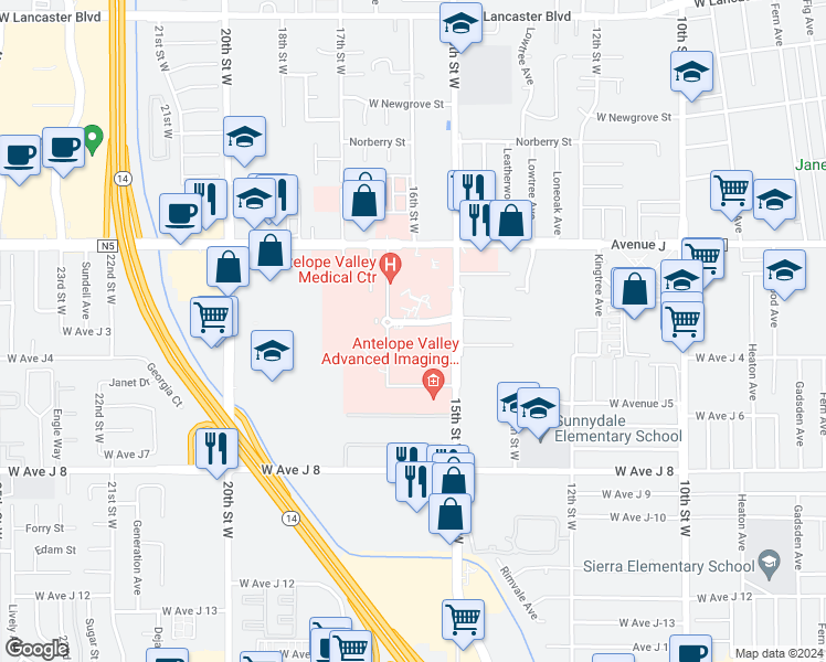 map of restaurants, bars, coffee shops, grocery stores, and more near 44215 15th Street West in Lancaster
