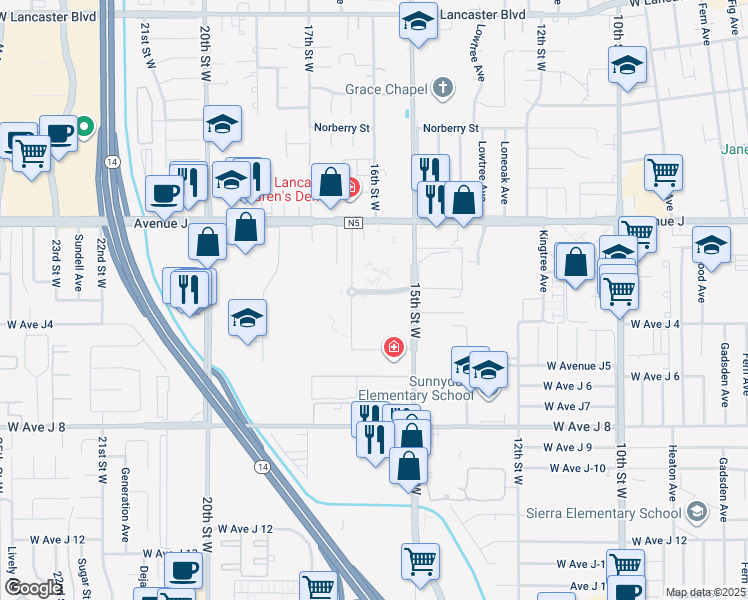 map of restaurants, bars, coffee shops, grocery stores, and more near 44215 15th Street West in Lancaster