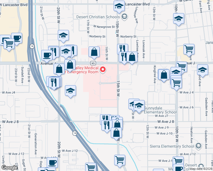 map of restaurants, bars, coffee shops, grocery stores, and more near 44215 15th Street West in Lancaster