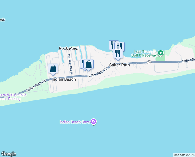 map of restaurants, bars, coffee shops, grocery stores, and more near 1395 Salter Path Road in Atlantic Beach