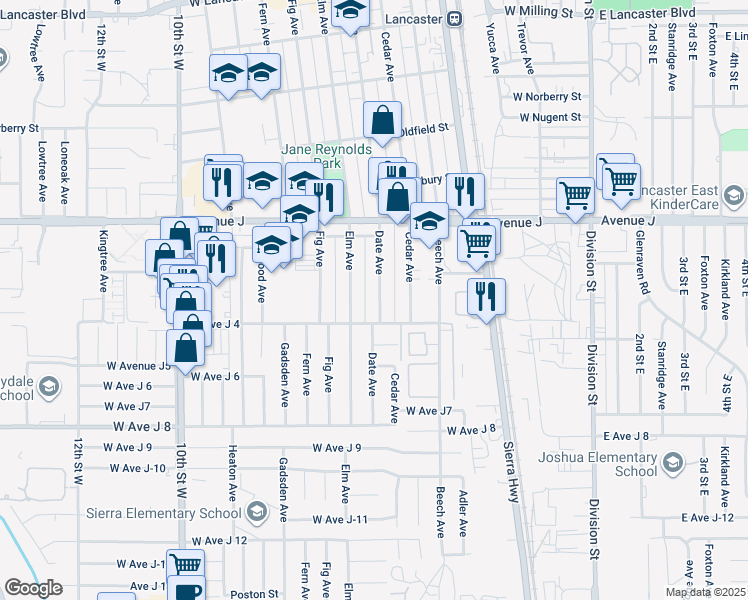 map of restaurants, bars, coffee shops, grocery stores, and more near 44227 Date Avenue in Lancaster