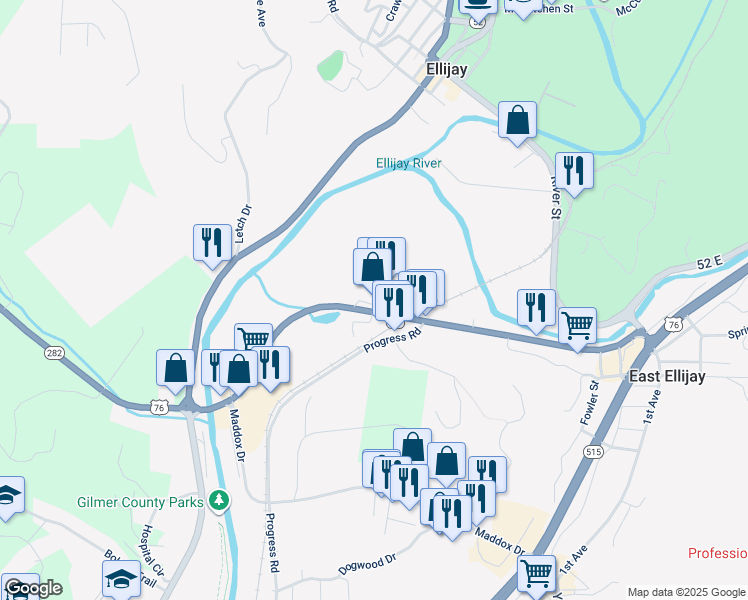 map of restaurants, bars, coffee shops, grocery stores, and more near 449 Industrial Boulevard in Ellijay