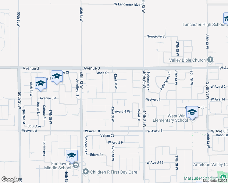 map of restaurants, bars, coffee shops, grocery stores, and more near 44235 42nd Street West in Lancaster