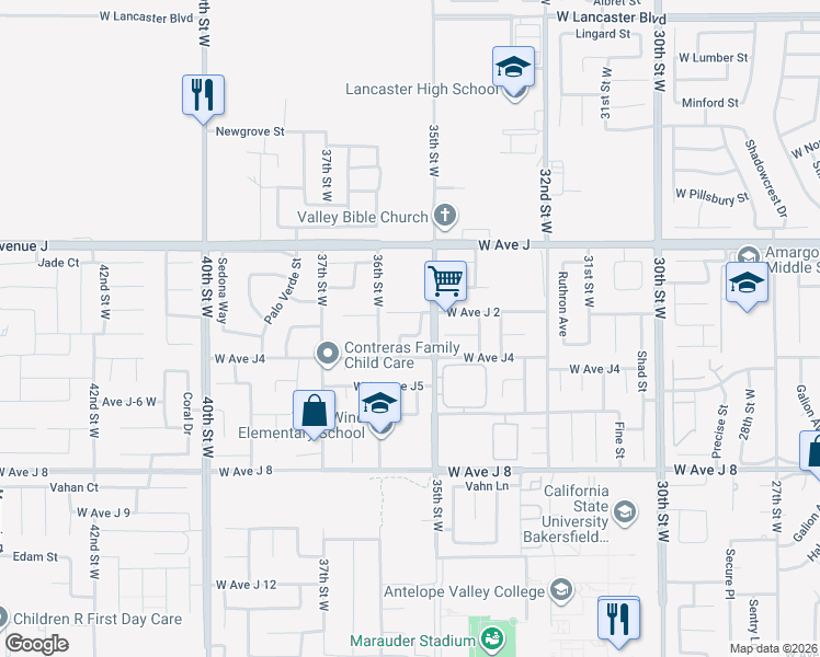 map of restaurants, bars, coffee shops, grocery stores, and more near 3525 West Avenue J 3 in Lancaster