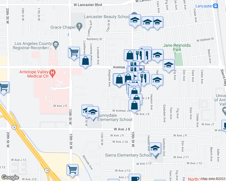 map of restaurants, bars, coffee shops, grocery stores, and more near 44200 Kingtree Avenue in Lancaster