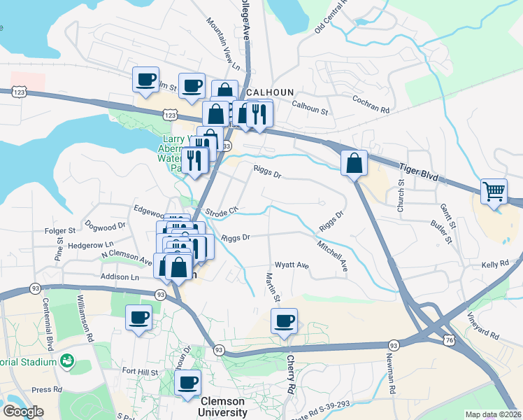 map of restaurants, bars, coffee shops, grocery stores, and more near 100 Poole Lane in Clemson