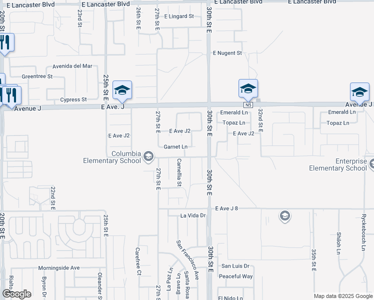 map of restaurants, bars, coffee shops, grocery stores, and more near 44156 Begonia Street in Lancaster