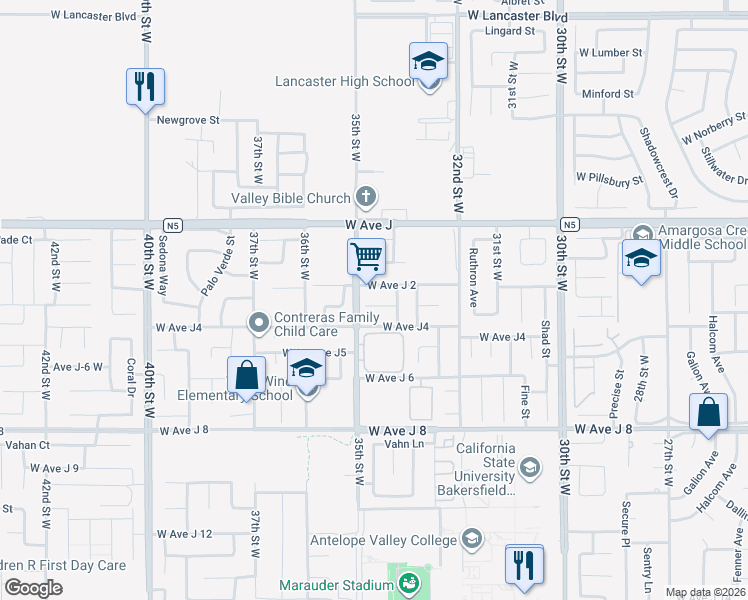 map of restaurants, bars, coffee shops, grocery stores, and more near 3365 West Avenue J4 in Lancaster