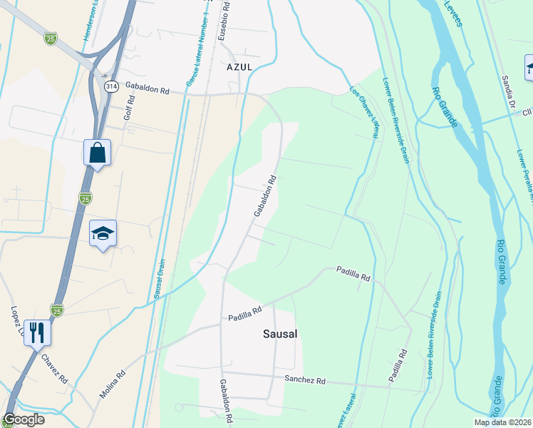 map of restaurants, bars, coffee shops, grocery stores, and more near 1232 Gabaldon Road in Belen