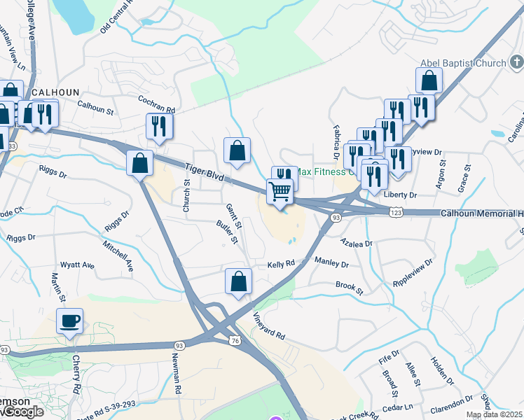 map of restaurants, bars, coffee shops, grocery stores, and more near 129 Freedom Drive in Clemson