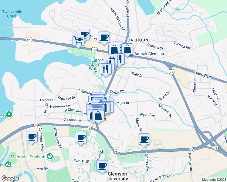 map of restaurants, bars, coffee shops, grocery stores, and more near 101 Riggs Drive in Clemson
