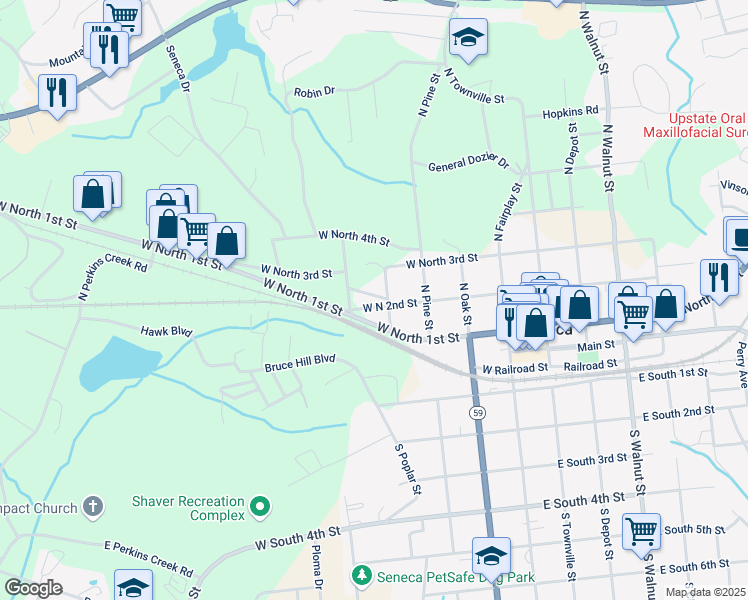 map of restaurants, bars, coffee shops, grocery stores, and more near 404 West North 1st Street in Seneca