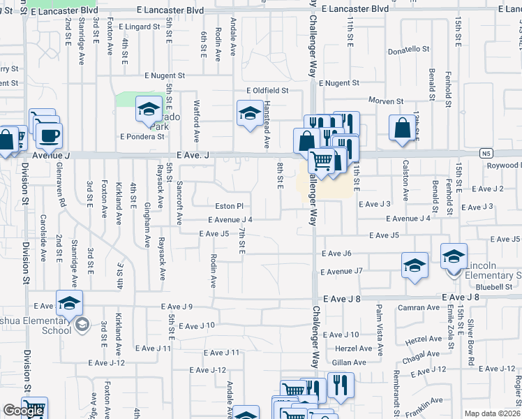 map of restaurants, bars, coffee shops, grocery stores, and more near 44215 Hanstead Avenue in Lancaster