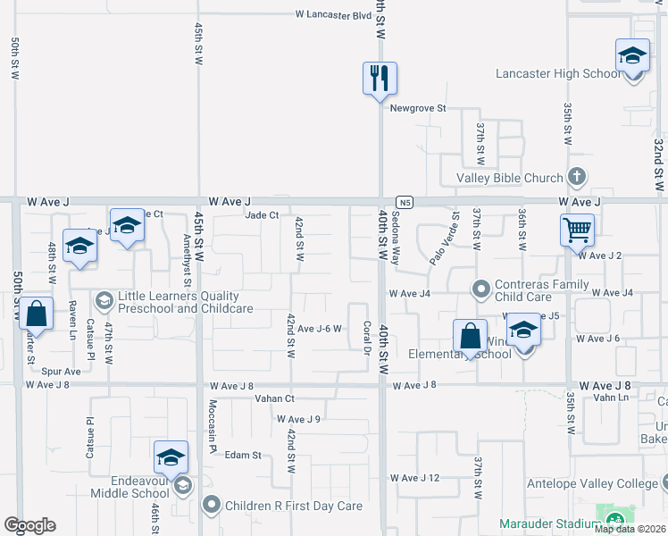 map of restaurants, bars, coffee shops, grocery stores, and more near 4103 West Avenue J 3 in Lancaster