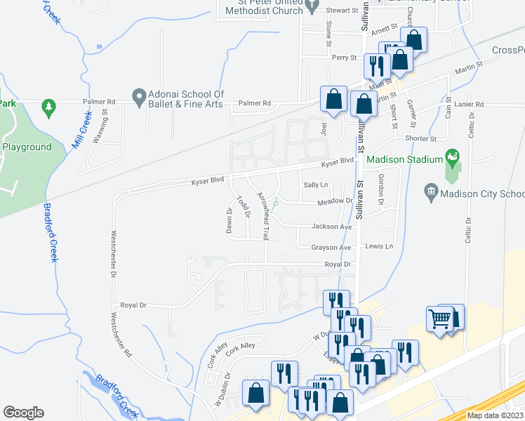 map of restaurants, bars, coffee shops, grocery stores, and more near 119 Arrowhead Trail in Madison