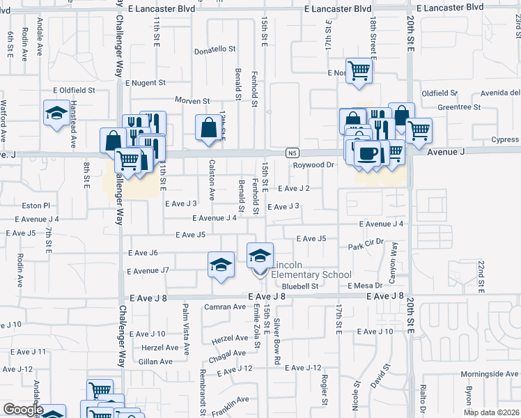 map of restaurants, bars, coffee shops, grocery stores, and more near 44210 Fenhold Street in Lancaster