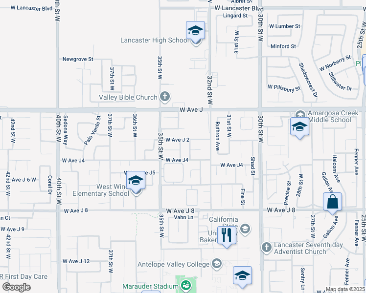 map of restaurants, bars, coffee shops, grocery stores, and more near 44232 Olympus Drive in Lancaster