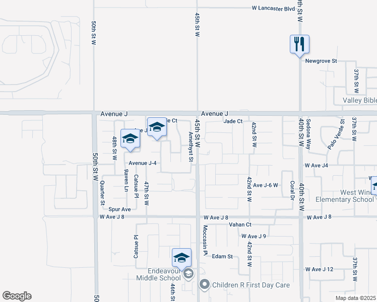 map of restaurants, bars, coffee shops, grocery stores, and more near 44237 Amethyst Street in Lancaster