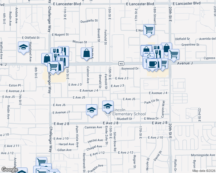 map of restaurants, bars, coffee shops, grocery stores, and more near 44210 Fenhold Street in Lancaster