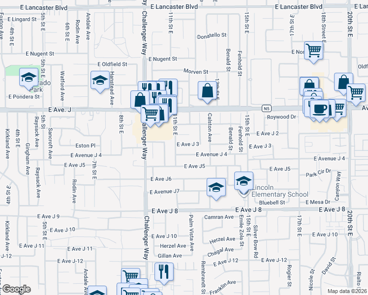 map of restaurants, bars, coffee shops, grocery stores, and more near East Avenue J 3 in Lancaster
