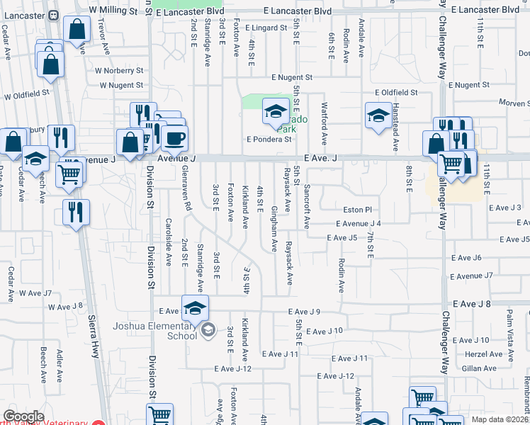 map of restaurants, bars, coffee shops, grocery stores, and more near 44232 4th Street East in Lancaster