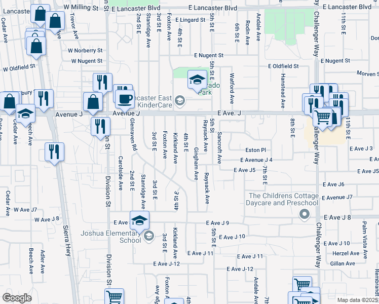 map of restaurants, bars, coffee shops, grocery stores, and more near 44232 4th Street East in Lancaster