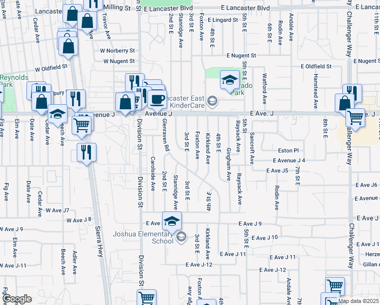 map of restaurants, bars, coffee shops, grocery stores, and more near 44238 3rd Street East in Lancaster