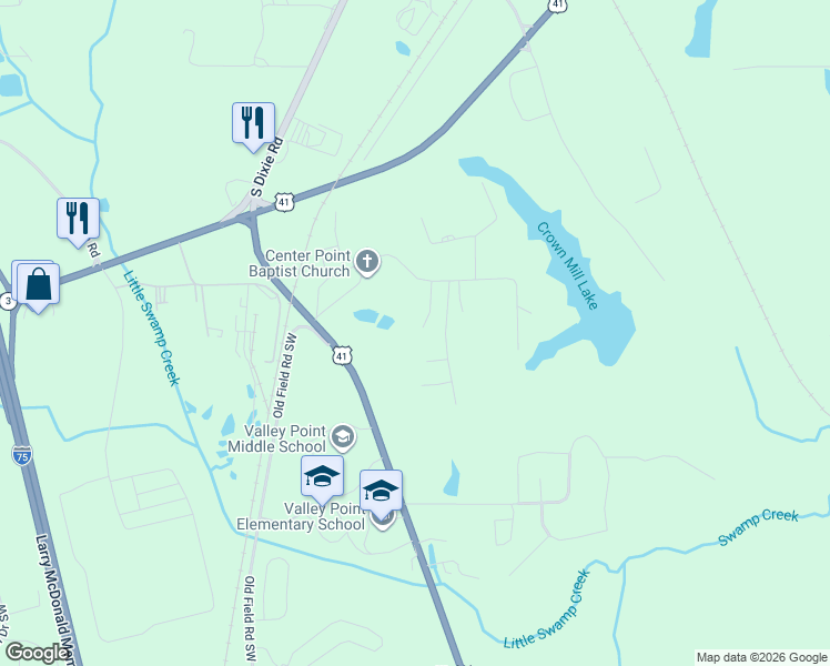 map of restaurants, bars, coffee shops, grocery stores, and more near 168 Trade Way in Dalton