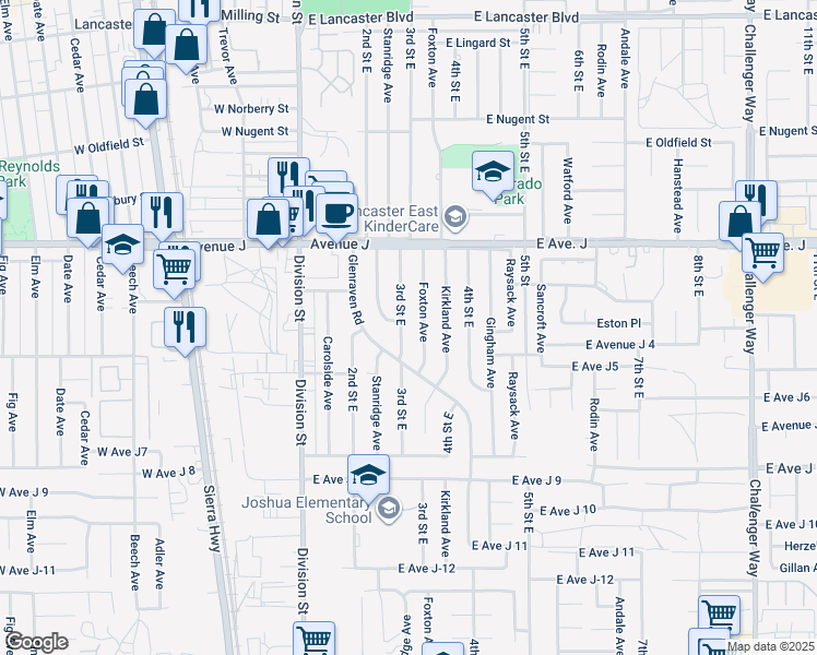 map of restaurants, bars, coffee shops, grocery stores, and more near 44238 3rd Street East in Lancaster