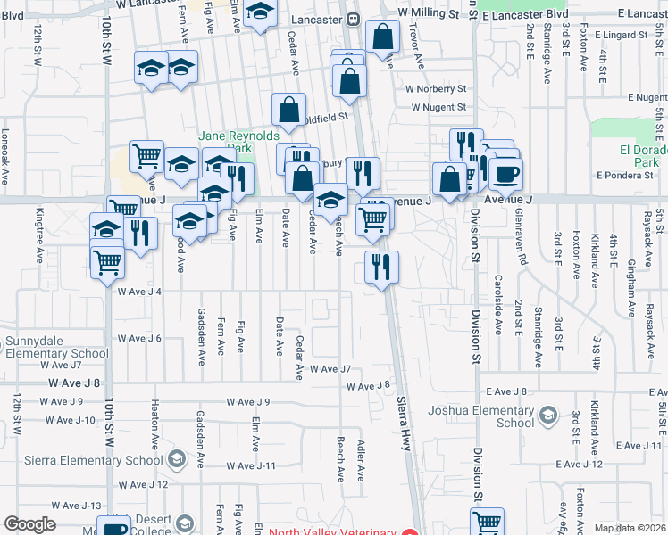 map of restaurants, bars, coffee shops, grocery stores, and more near 44231 Beech Avenue in Lancaster