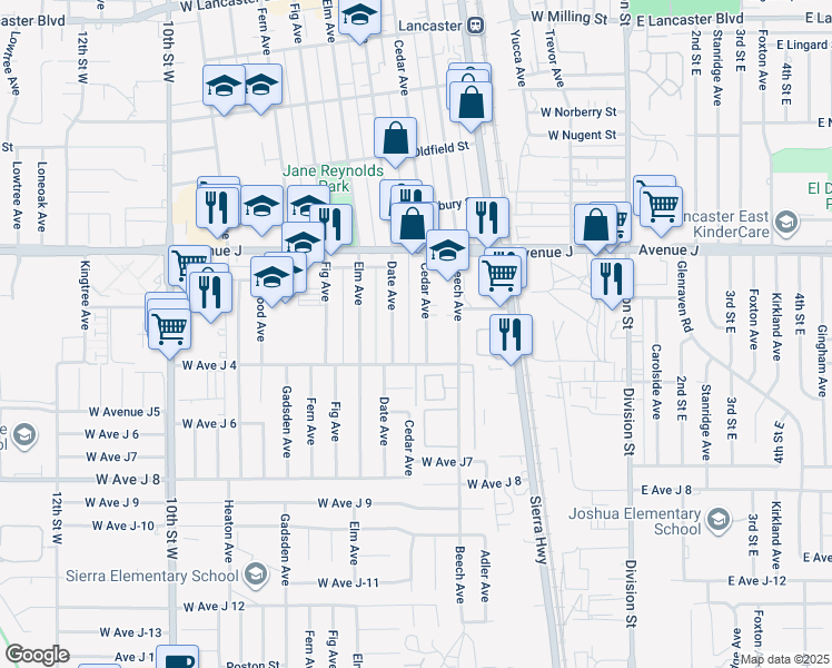 map of restaurants, bars, coffee shops, grocery stores, and more near 44257 Cedar Avenue in Lancaster