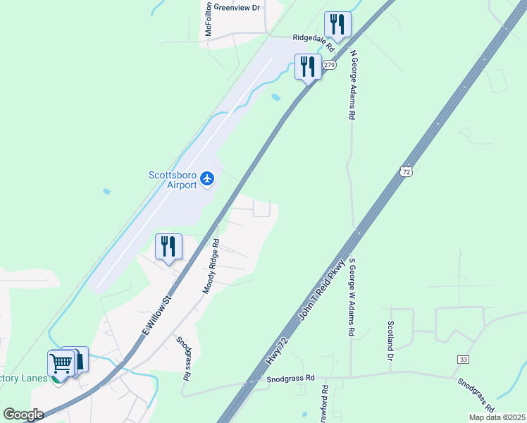 map of restaurants, bars, coffee shops, grocery stores, and more near 98 Wall Street in Scottsboro