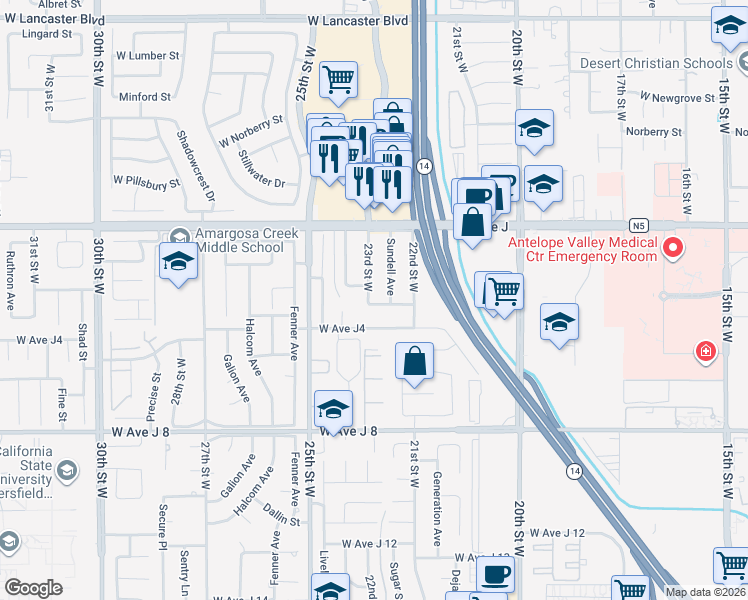 map of restaurants, bars, coffee shops, grocery stores, and more near 44232 23rd Street West in Lancaster