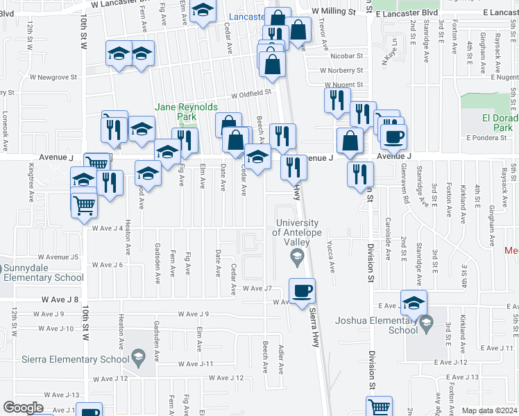 map of restaurants, bars, coffee shops, grocery stores, and more near 44233 Beech Avenue in Lancaster