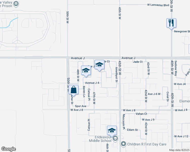map of restaurants, bars, coffee shops, grocery stores, and more near 4651 West Avenue J3 in Lancaster