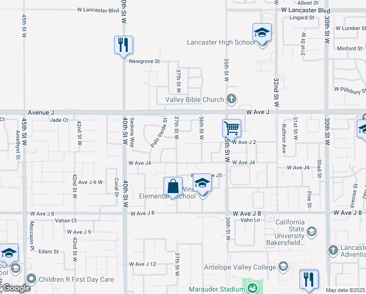 map of restaurants, bars, coffee shops, grocery stores, and more near 3644 West Avenue J2 in Lancaster