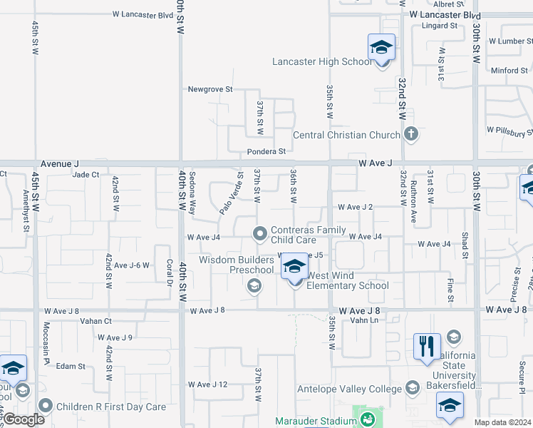 map of restaurants, bars, coffee shops, grocery stores, and more near 3644 West Avenue J2 in Lancaster