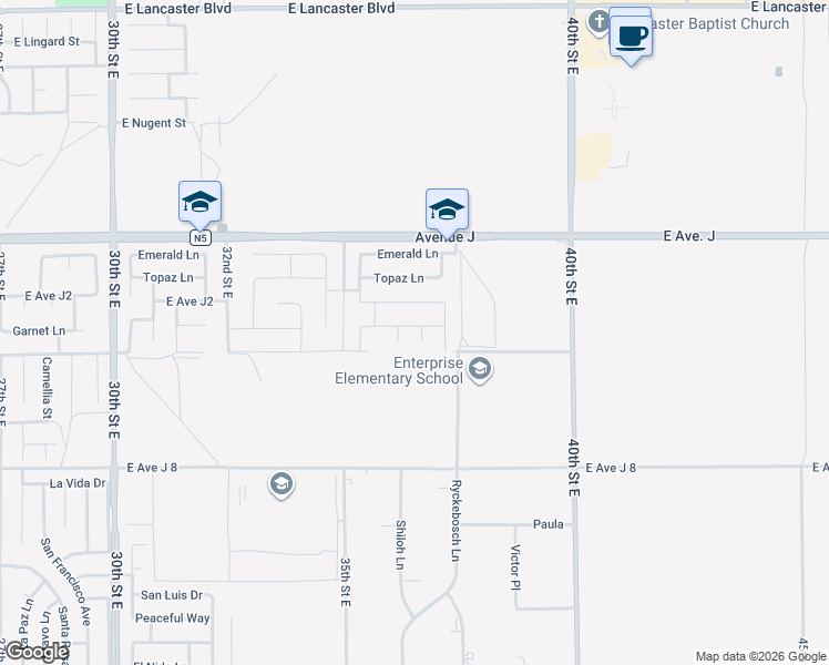 map of restaurants, bars, coffee shops, grocery stores, and more near 44223 36th Street East in Lancaster