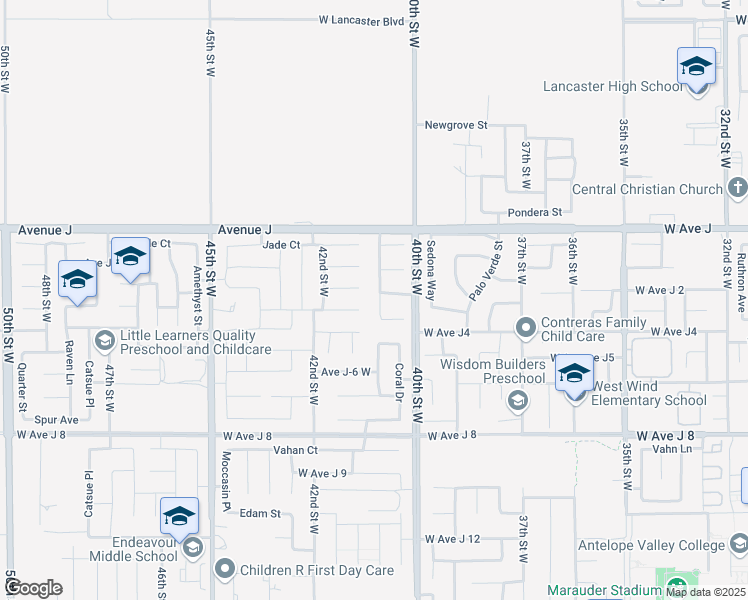 map of restaurants, bars, coffee shops, grocery stores, and more near 44227 Westridge Drive in Lancaster