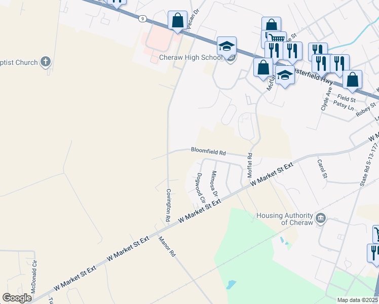 map of restaurants, bars, coffee shops, grocery stores, and more near 1723 Bloomfield Road in Cheraw