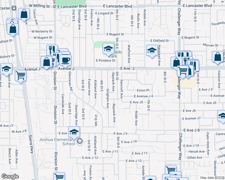 map of restaurants, bars, coffee shops, grocery stores, and more near 519 East Avenue J 4 in Lancaster