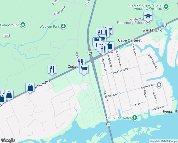 map of restaurants, bars, coffee shops, grocery stores, and more near 1204 Cedar Point Boulevard in Cedar Point