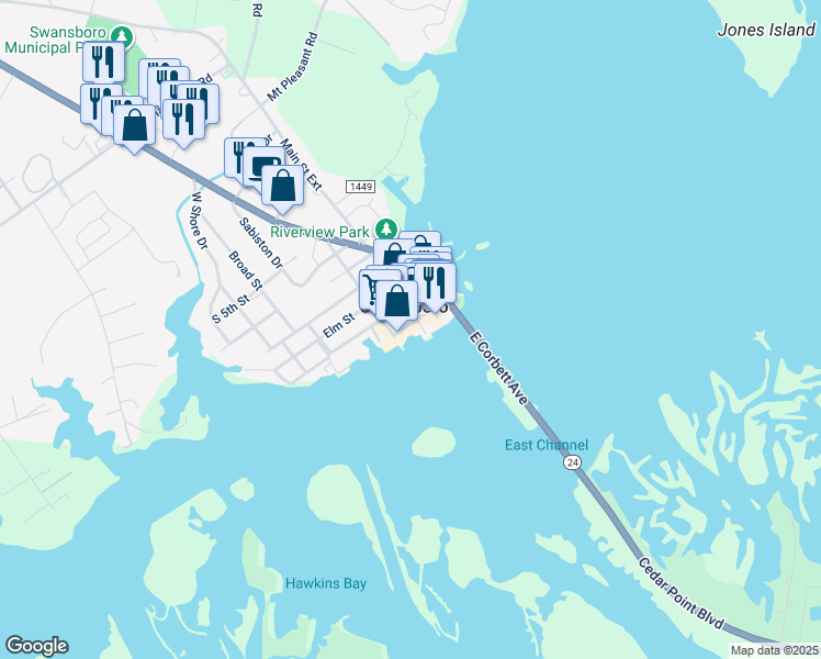 map of restaurants, bars, coffee shops, grocery stores, and more near 135 Front Street in Swansboro