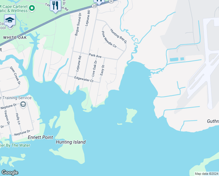 map of restaurants, bars, coffee shops, grocery stores, and more near 102 Hunting Bay Drive in Cape Carteret