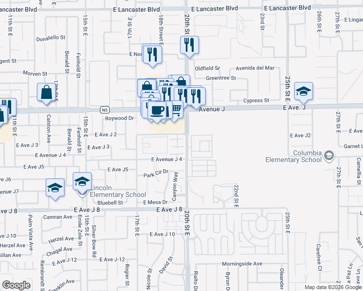 map of restaurants, bars, coffee shops, grocery stores, and more near 1844 East Avenue H10 in Lancaster