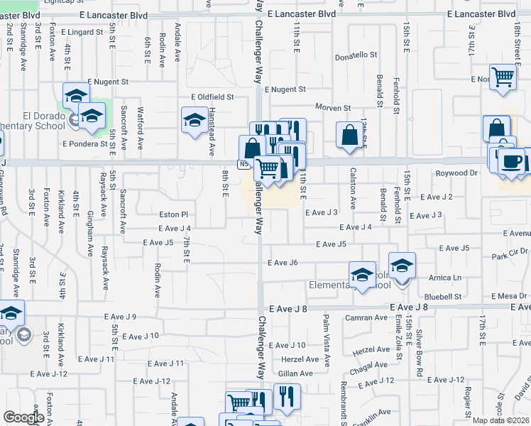map of restaurants, bars, coffee shops, grocery stores, and more near 1031 East Avenue J 3 in Lancaster