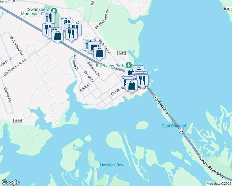 map of restaurants, bars, coffee shops, grocery stores, and more near 217 Elm Street in Swansboro