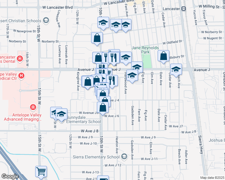map of restaurants, bars, coffee shops, grocery stores, and more near 44248 10th Street West in Lancaster