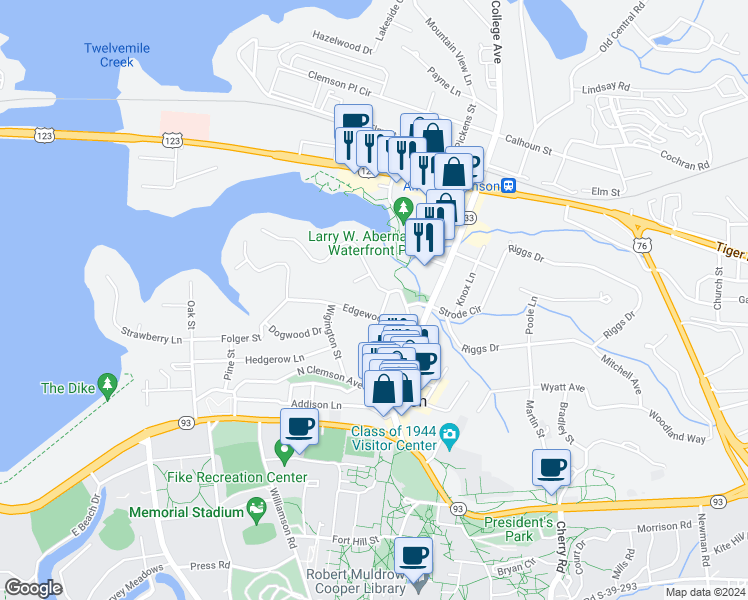 map of restaurants, bars, coffee shops, grocery stores, and more near 202 Edgewood Avenue in Clemson
